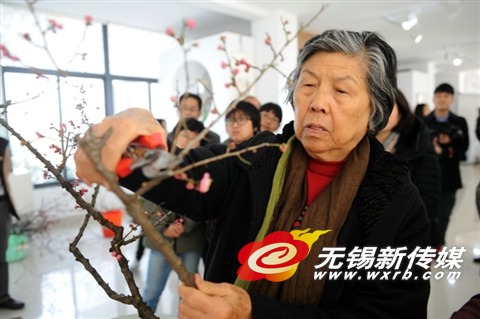 花艺大师助阵梅花插花艺术展 现做作品梅园连